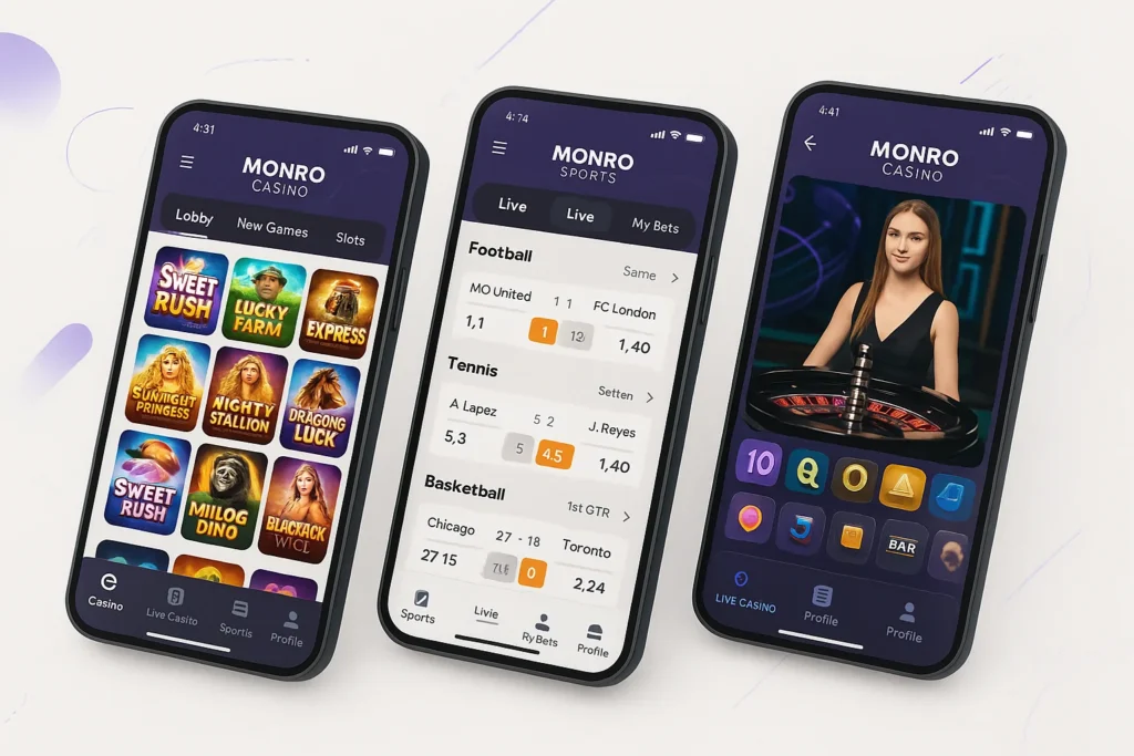 Monro Casino App - Interface und Bildschirmansichten